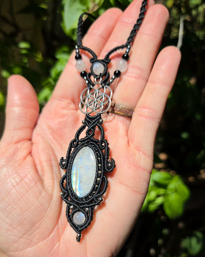 Rainbow Moonstone & Seed of Life Macrame Necklace