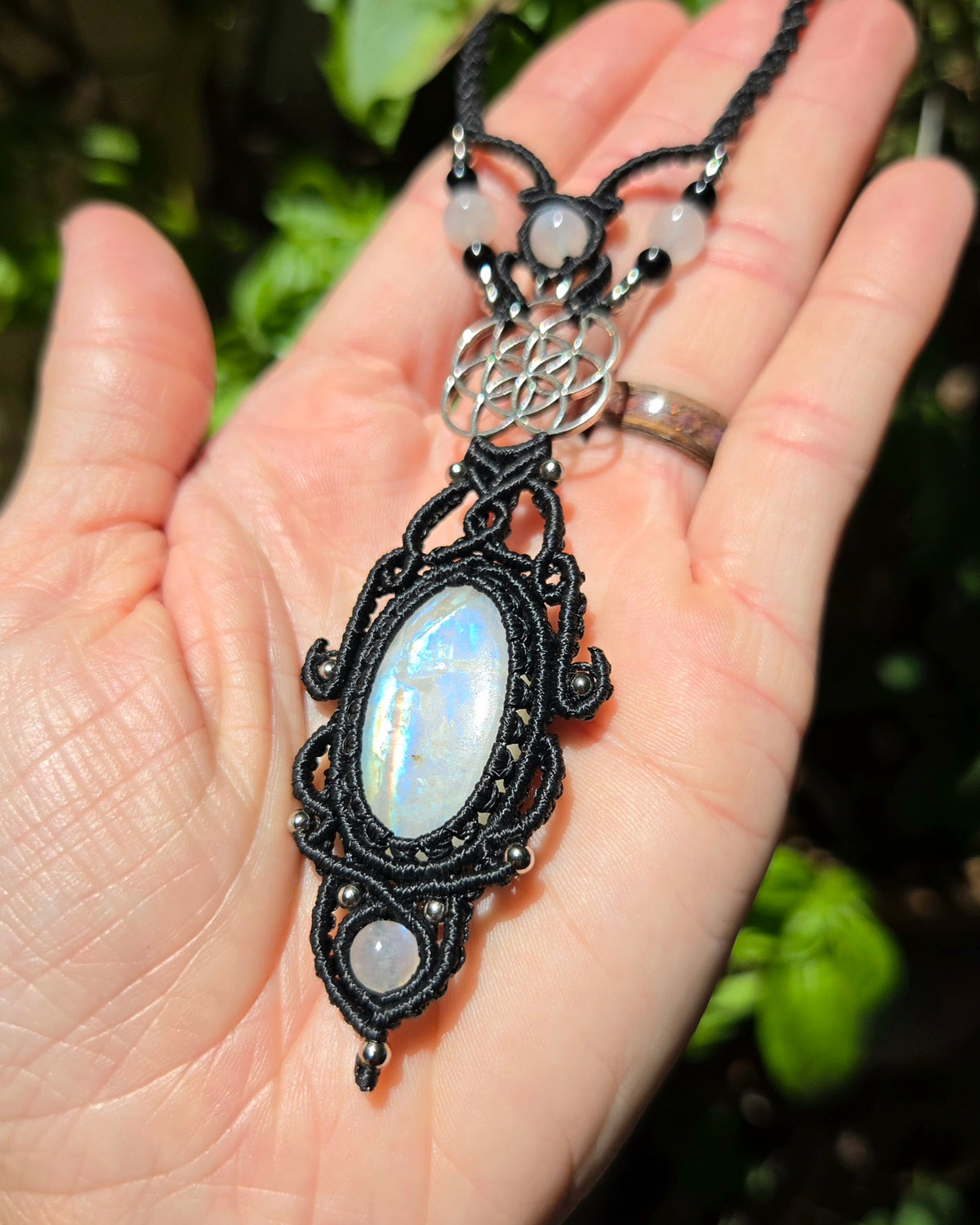 Rainbow Moonstone & Seed of Life Macrame Necklace