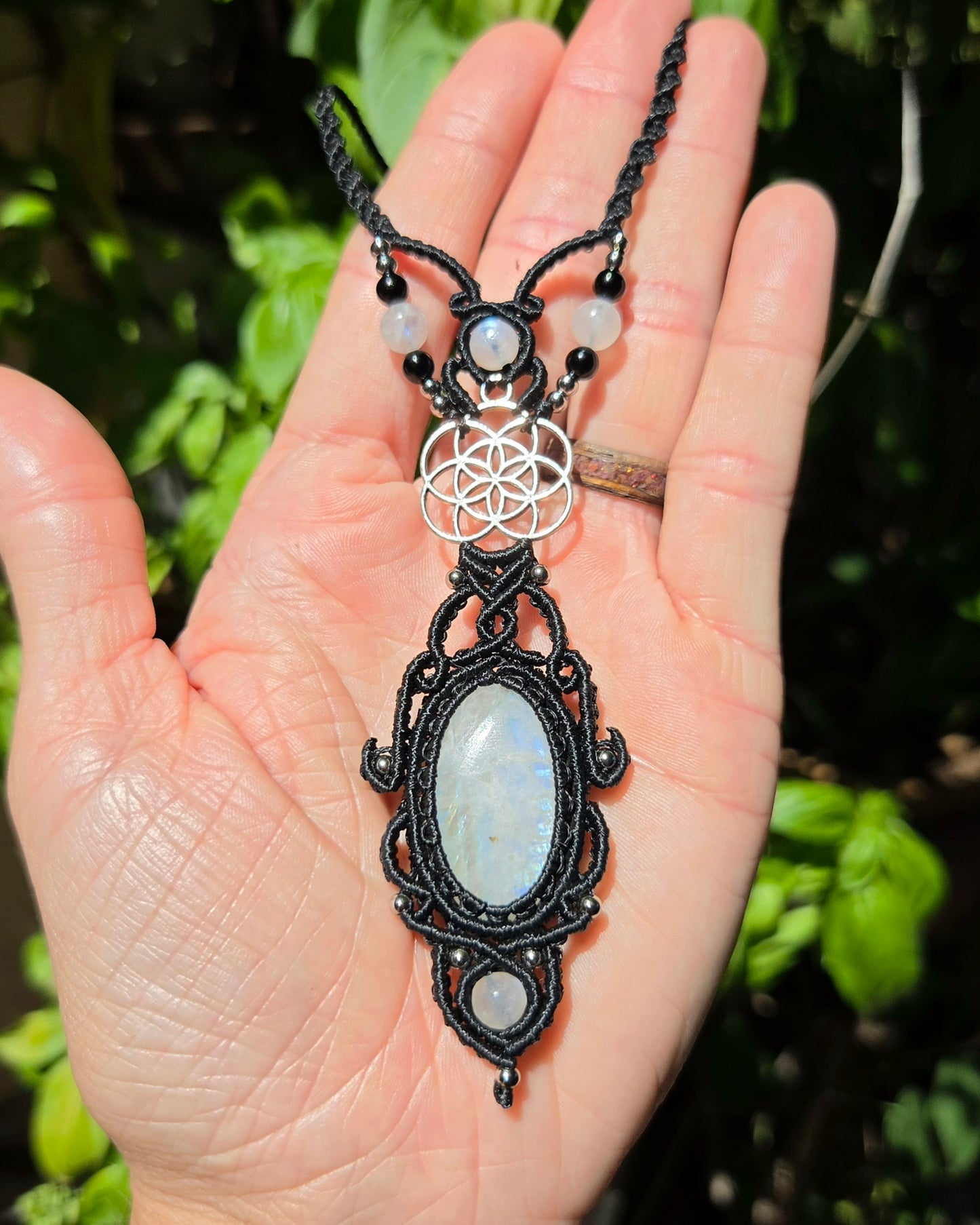 Rainbow Moonstone & Seed of Life Macrame Necklace