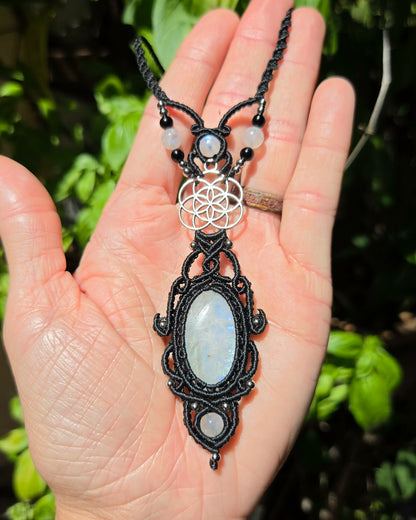 Rainbow Moonstone & Seed of Life Macrame Necklace
