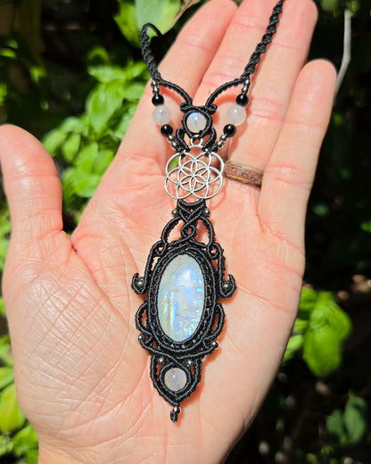 Rainbow Moonstone & Seed of Life Macrame Necklace