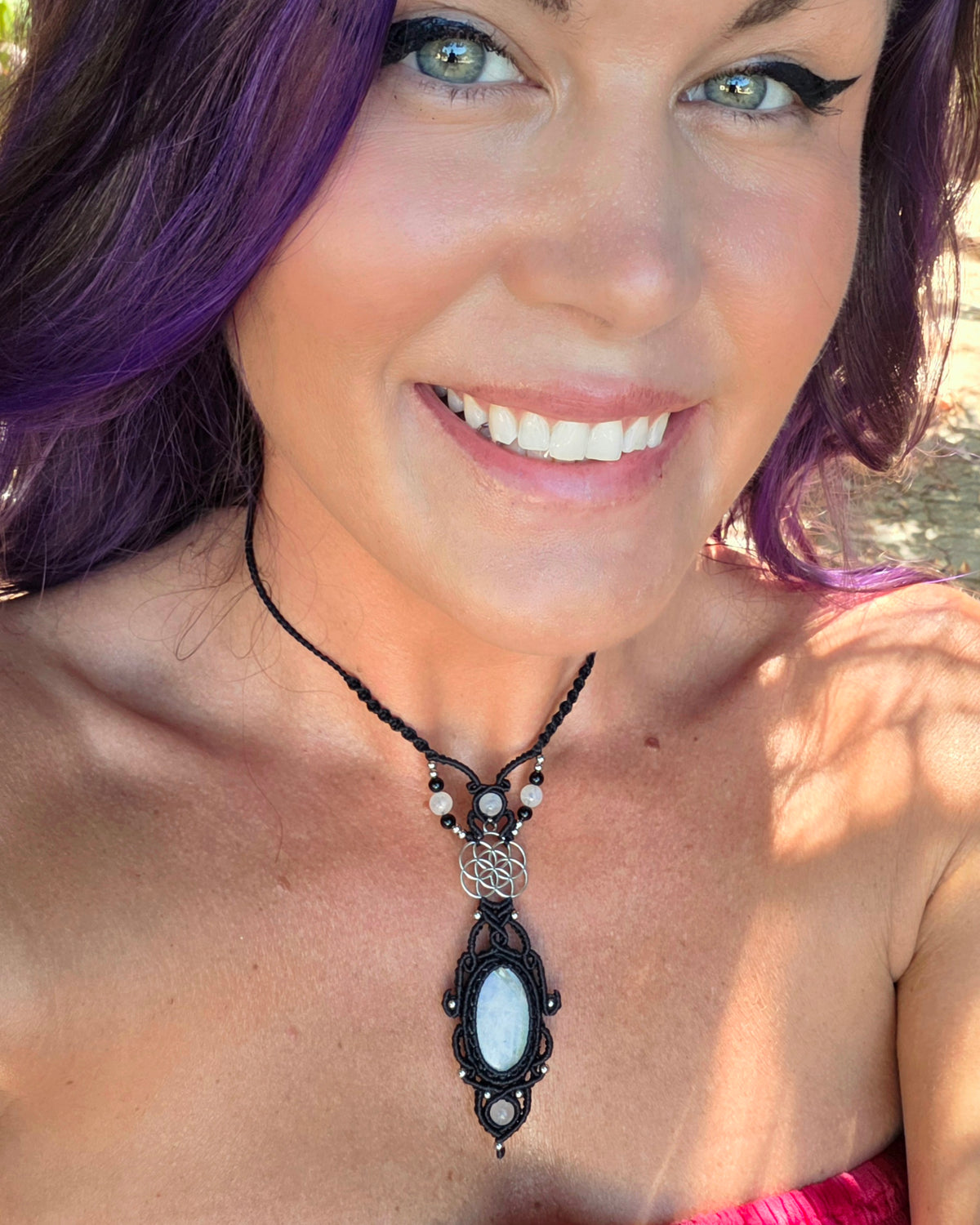 Rainbow Moonstone & Seed of Life Macrame Necklace