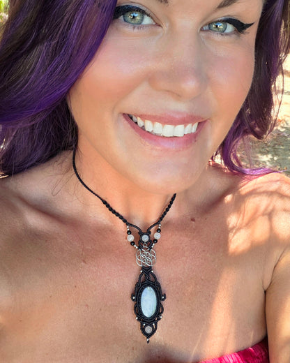 Rainbow Moonstone & Seed of Life Macrame Necklace