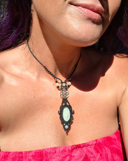 Rainbow Moonstone & Seed of Life Macrame Necklace
