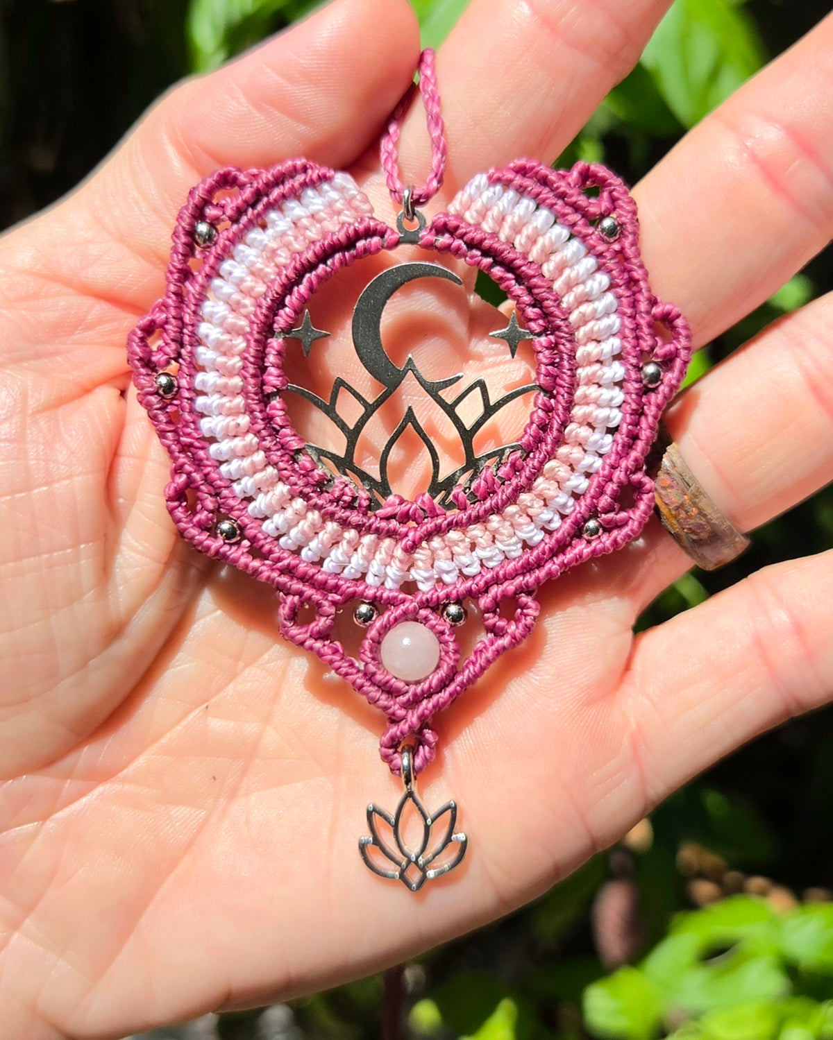 Rose Quartz Moon and Lotus Macrame Necklace