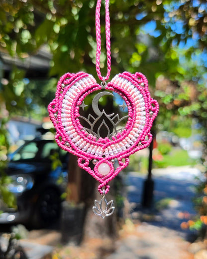 Rose Quartz Moon and Lotus Macrame Necklace