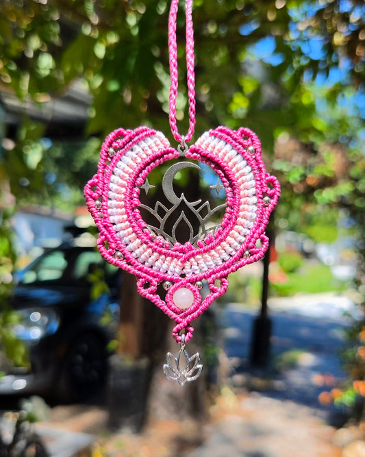 Rose Quartz Moon and Lotus Macrame Necklace