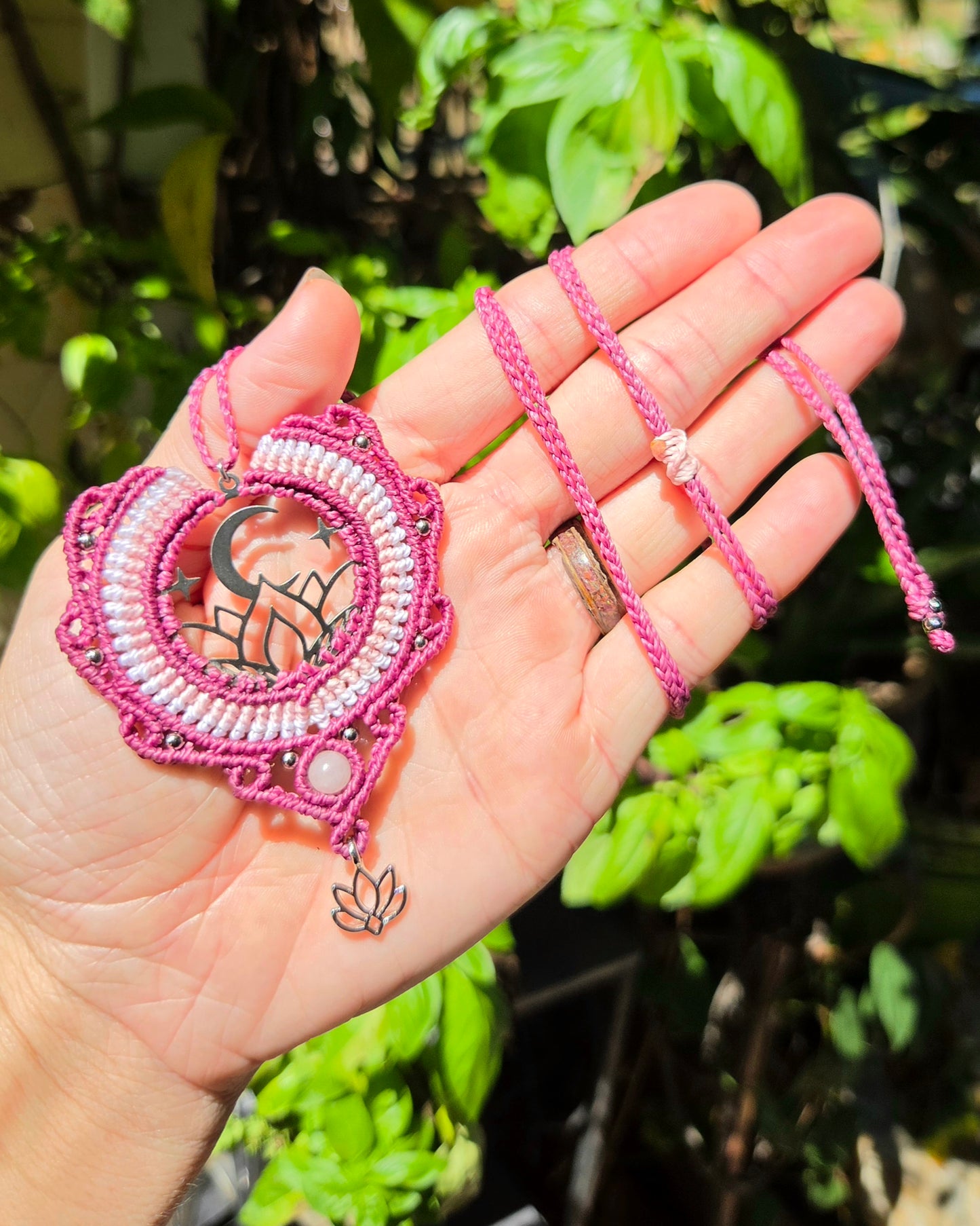 Rose Quartz Moon and Lotus Macrame Necklace