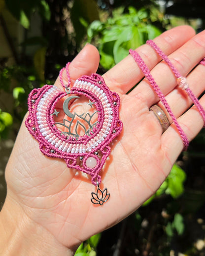 Rose Quartz Moon and Lotus Macrame Necklace