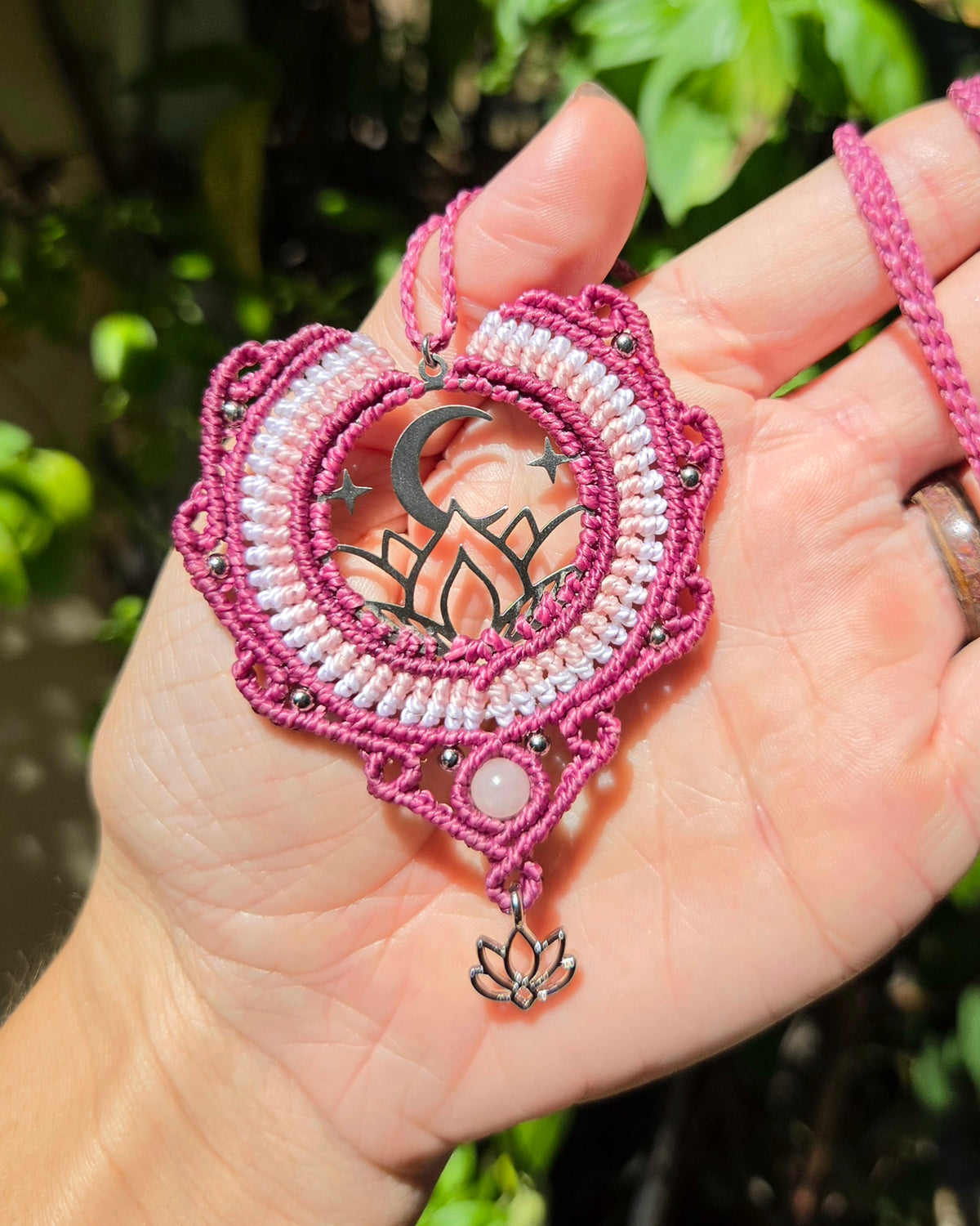 Rose Quartz Moon and Lotus Macrame Necklace