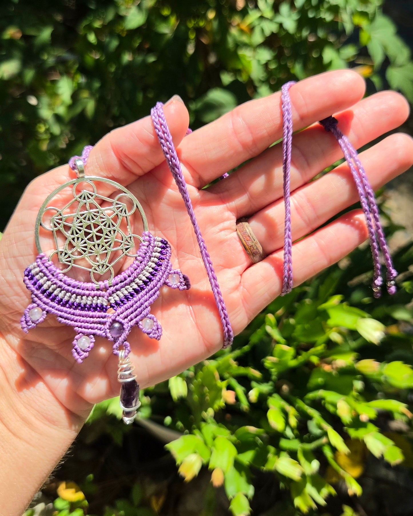 Amethyst Metatron's Cube Macrame Necklace
