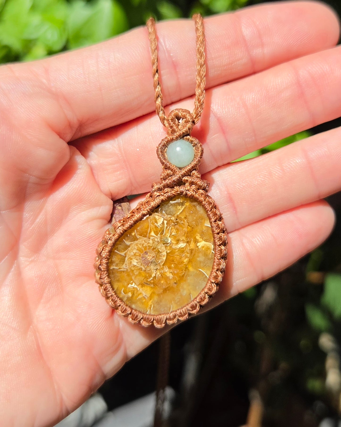 Ammonite & Aquamarine Macrame Necklace
