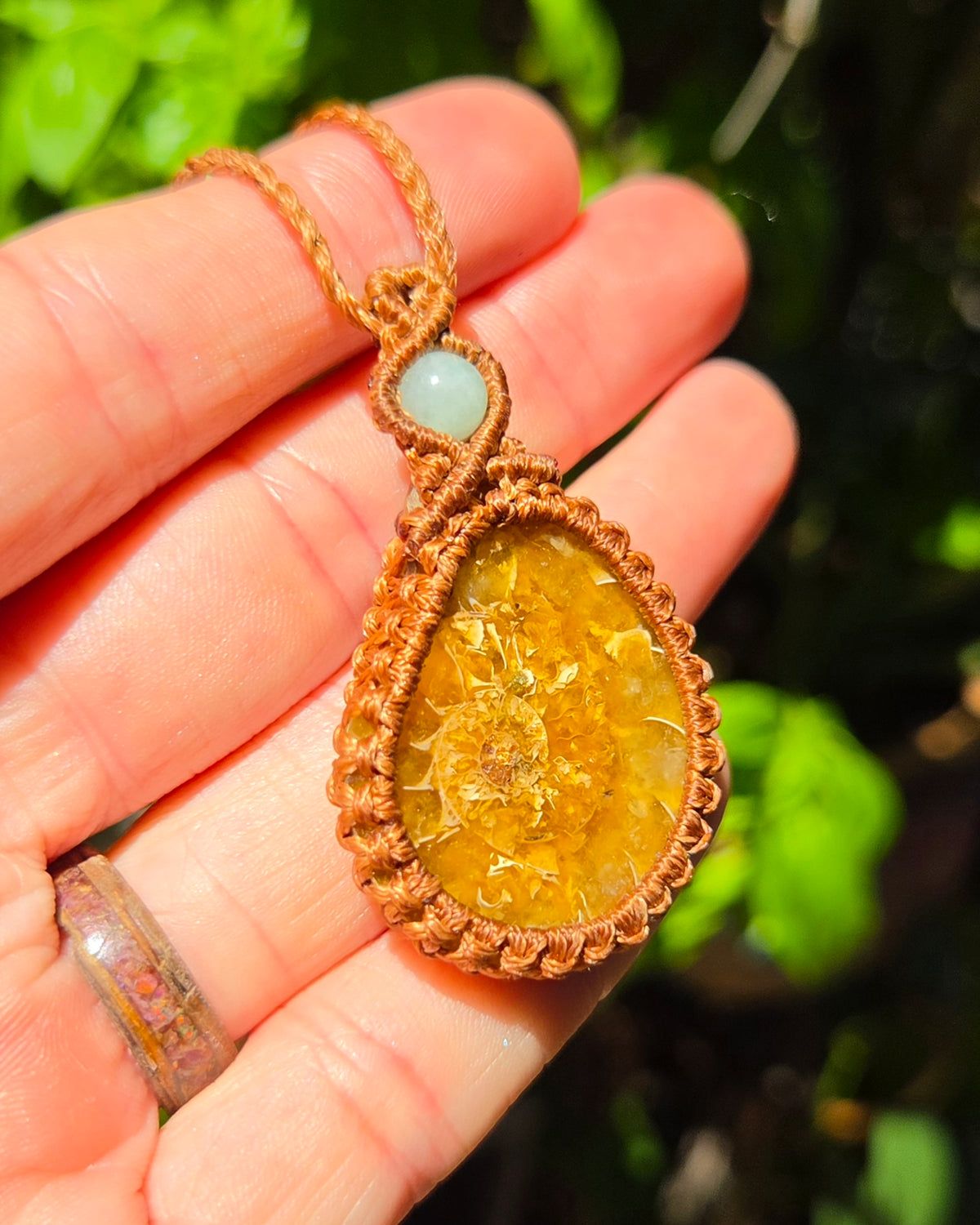 Ammonite & Aquamarine Macrame Necklace