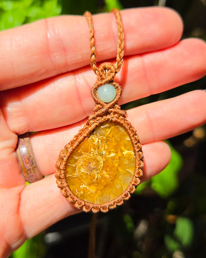 Ammonite & Aquamarine Macrame Necklace
