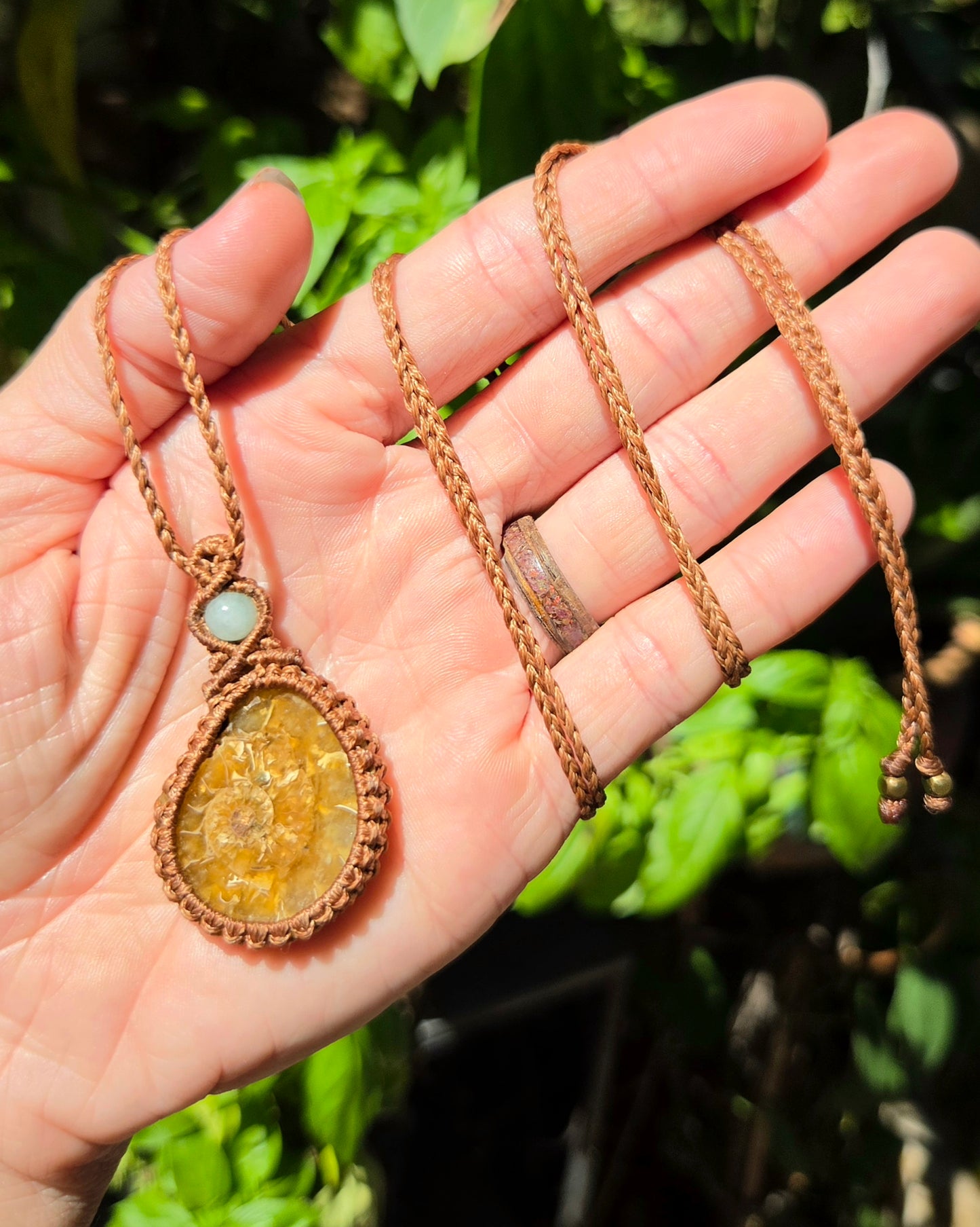 Ammonite & Aquamarine Macrame Necklace