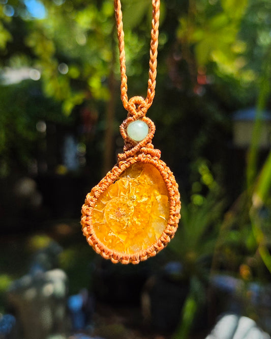 Ammonite & Aquamarine Macrame Necklace