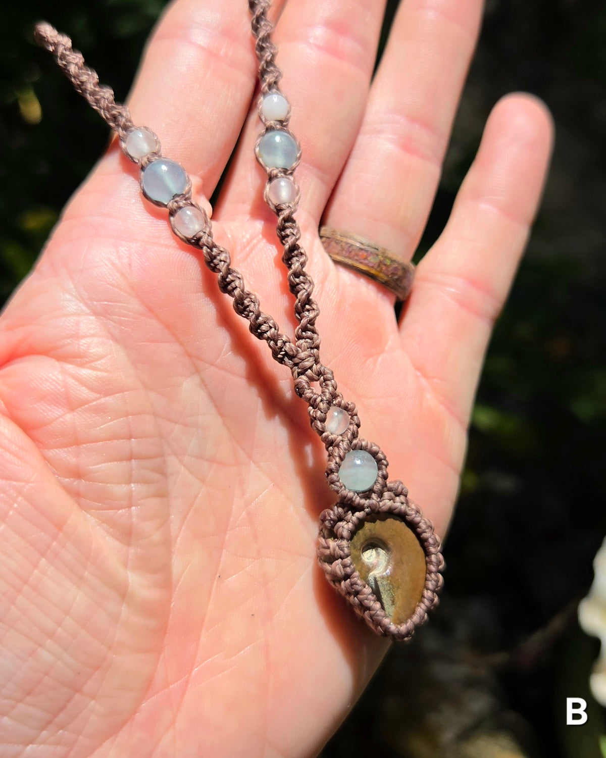 Iridescent Ammonite Macrame Necklace