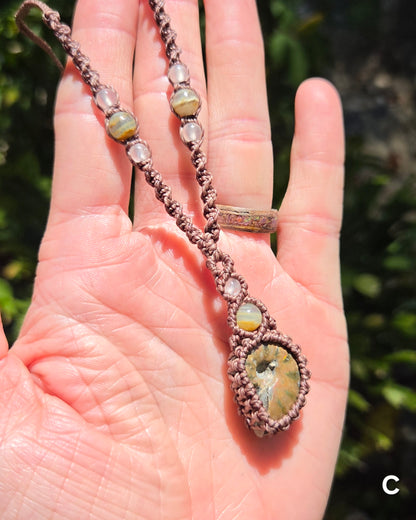 Iridescent Ammonite Macrame Necklace