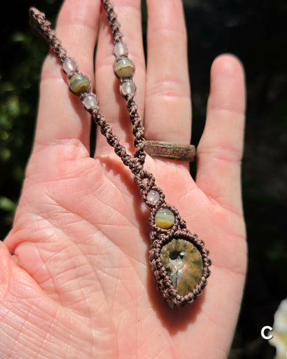 Iridescent Ammonite Macrame Necklace