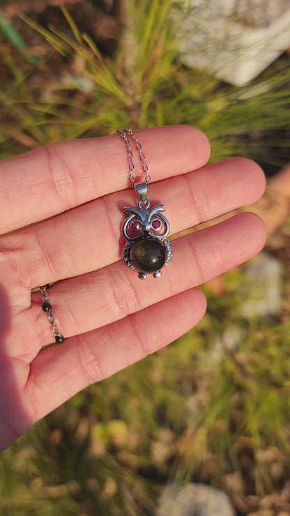 Golden Sheen Obsidian & Garnet Owl Necklace