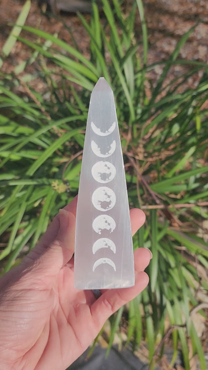 Satin Spar Selenite Moon Phase Obelisk