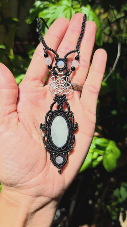 Rainbow Moonstone & Seed of Life Macrame Necklace