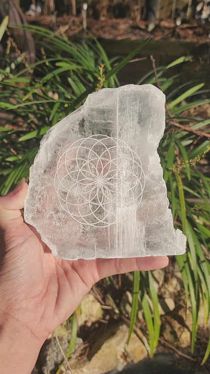 True Selenite Self Standing Slab w/ Geometric Pattern