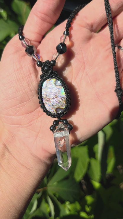 Abalone Shell & Clear Quartz Macrame Necklace