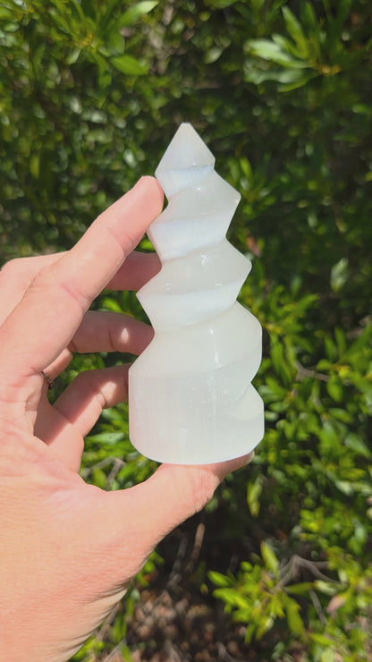 Satin Spar Selenite Spiral Tower