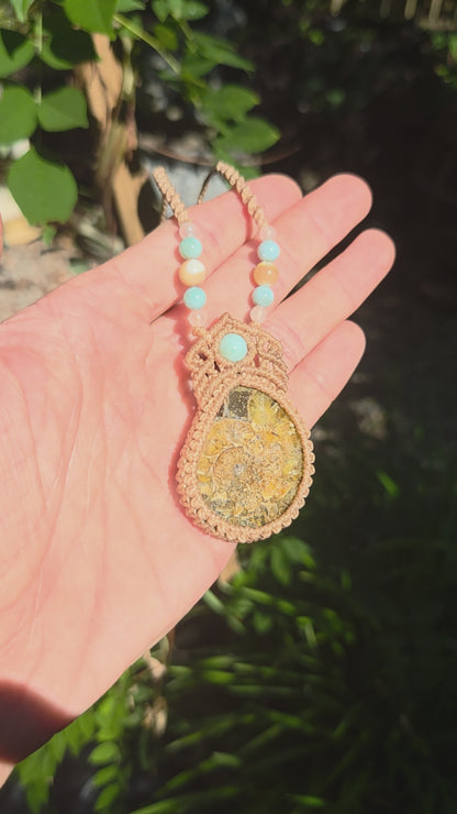 Ammonite & Larimar Macrame Necklace