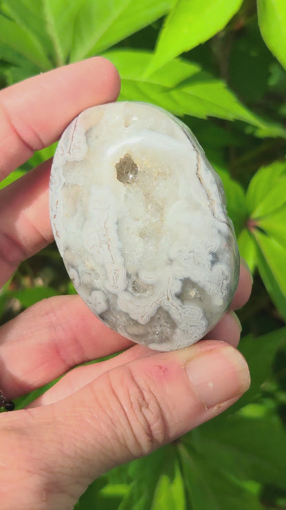 Mexican Crazy Lace Agate Palm Stone with Druzy