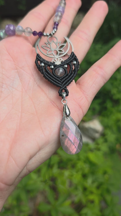 Labradorite & Amethyst Moon & Lotus Macrame Necklace