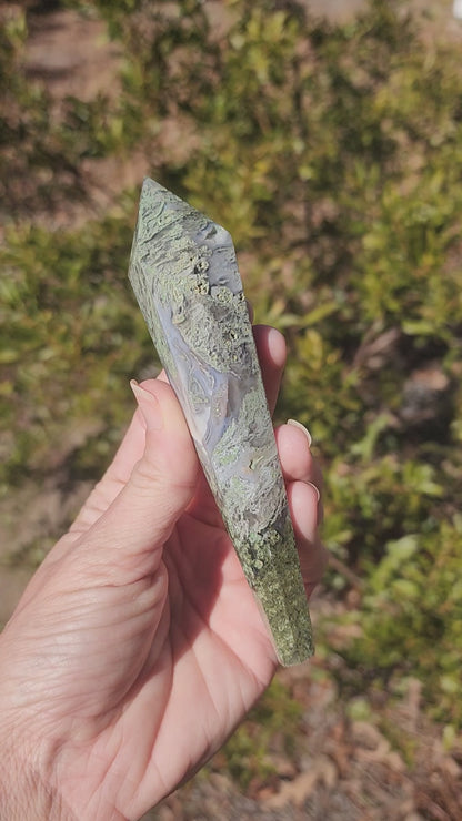 Moss Agate Wand on Stand