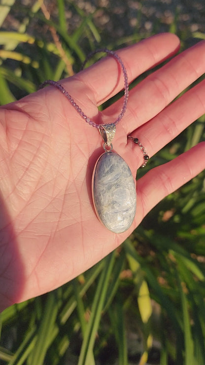 Blue Kyanite Pendant on Amethyst 2mm Beaded Necklace
