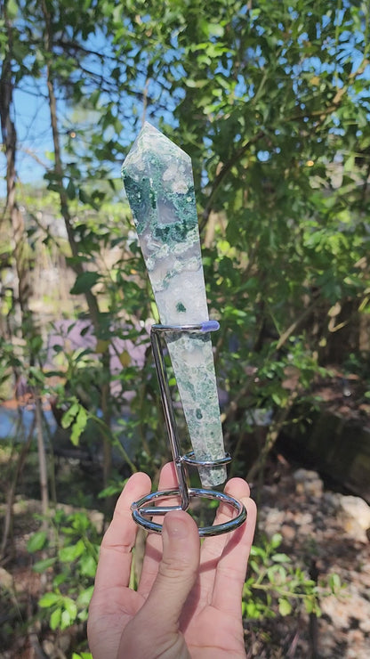 Moss Agate Wand on Stand