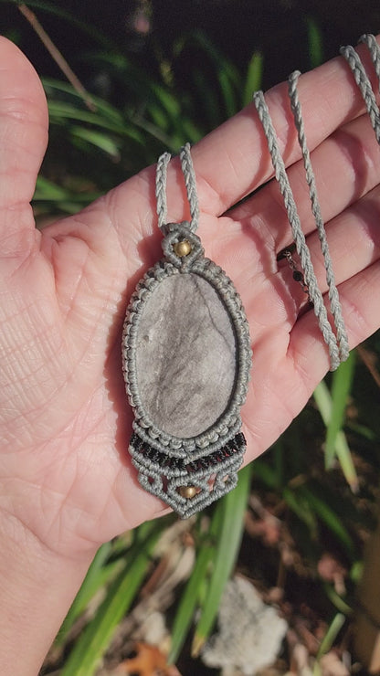 Silver Sheen Obsidian Macrame Necklace