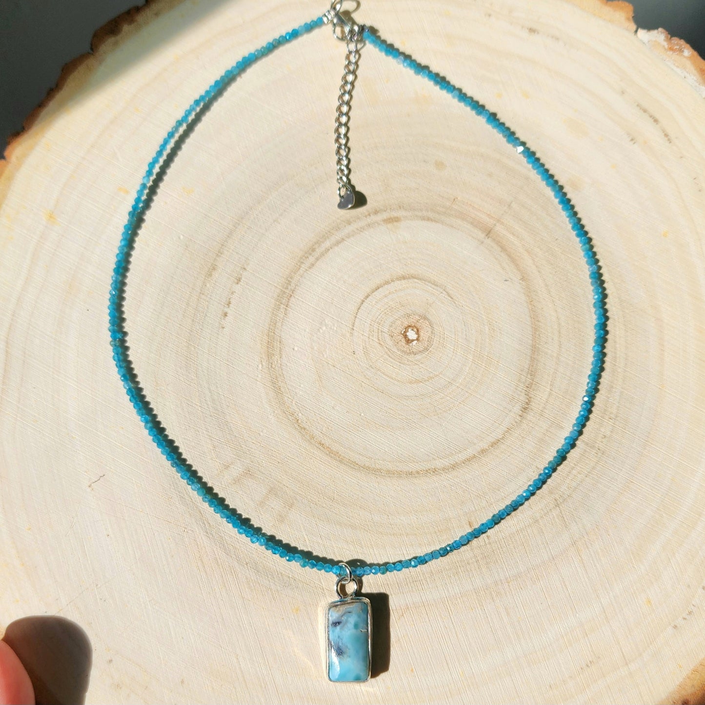 Larimar Pendant on Blue Apatite 2mm beaded necklace