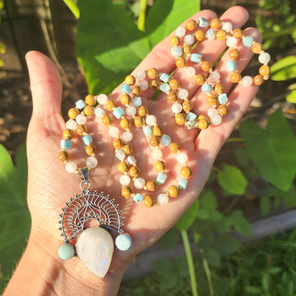 Rainbow Moonstone & Larimar Mala Necklace