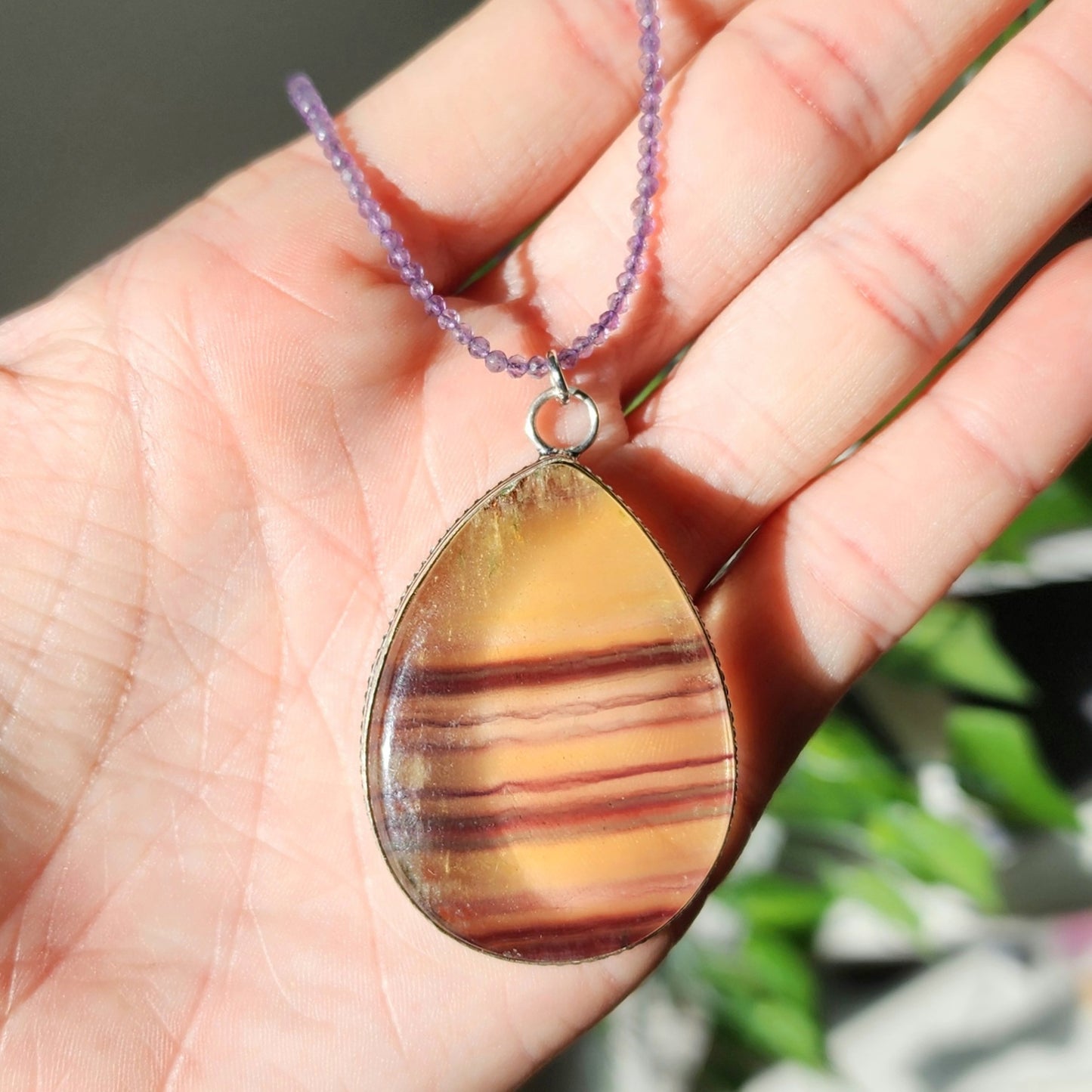 Yellow Fluorite Pendant on Amethyst 2mm beaded necklace