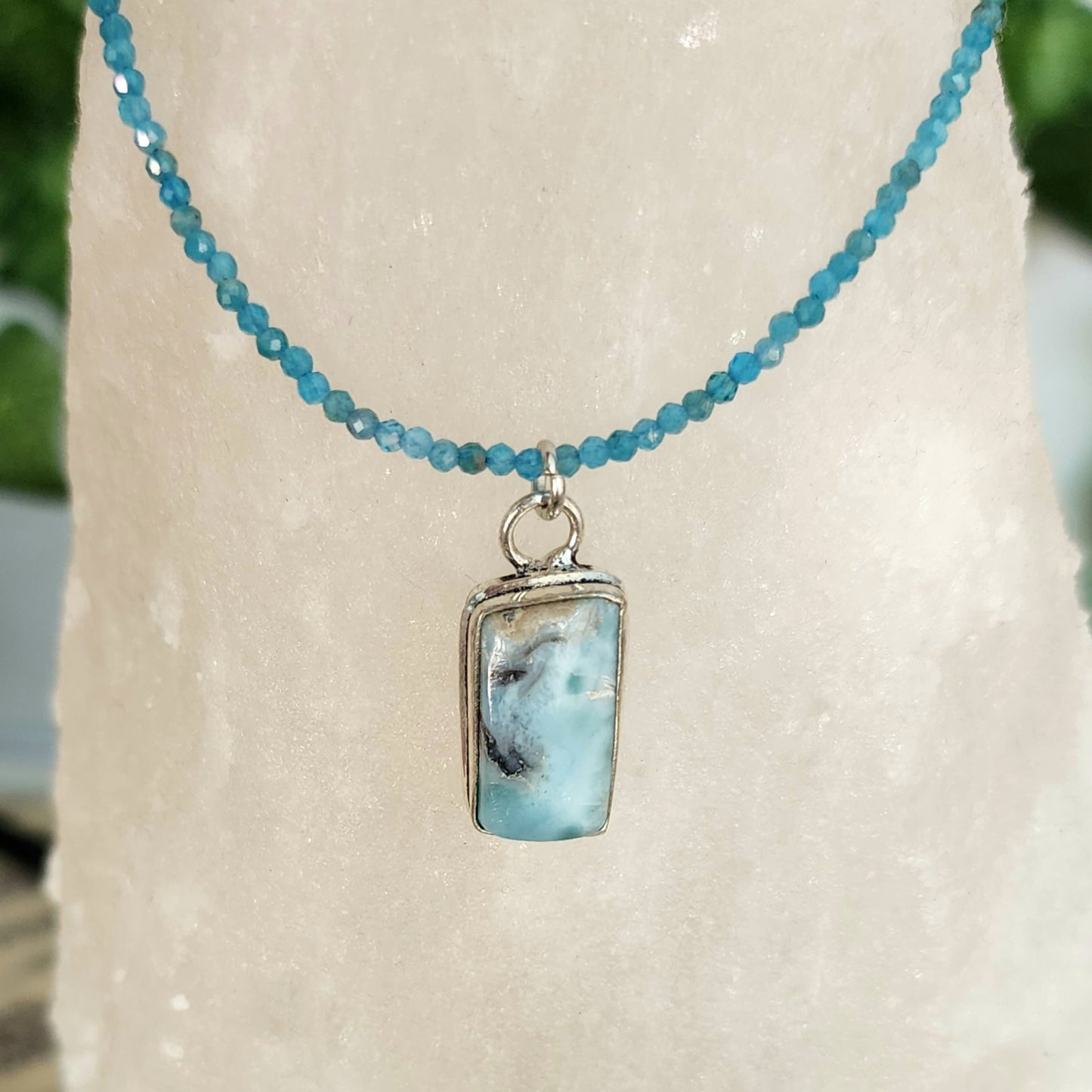 Larimar Pendant on Blue Apatite 2mm beaded necklace