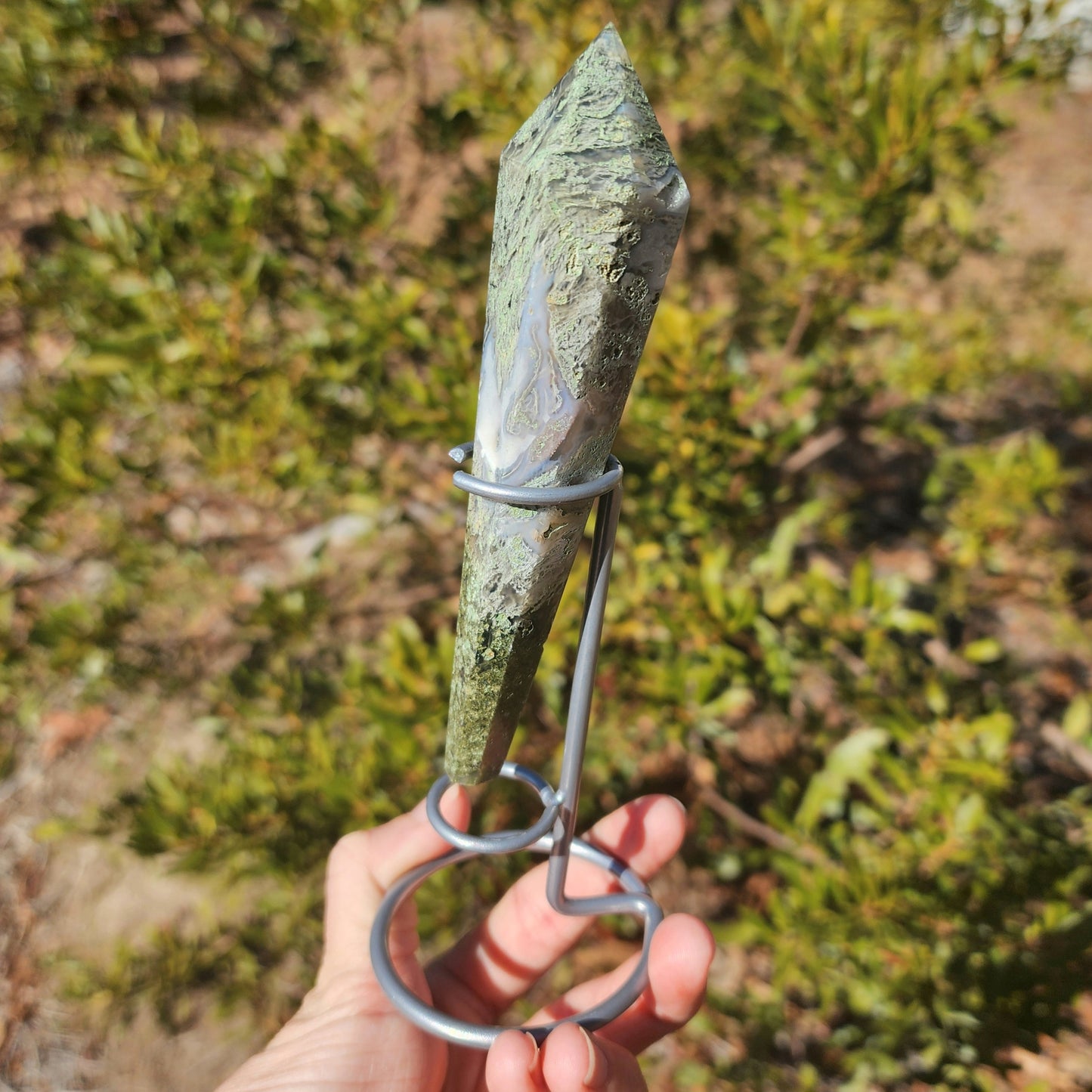 Moss Agate Wand on Stand