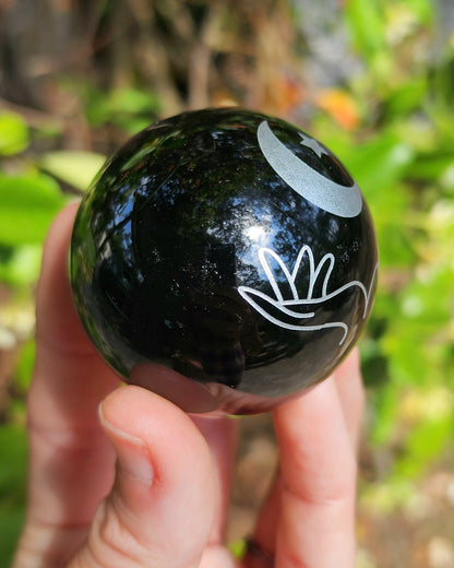 Black Obsidian Sphere with Decorative Etching