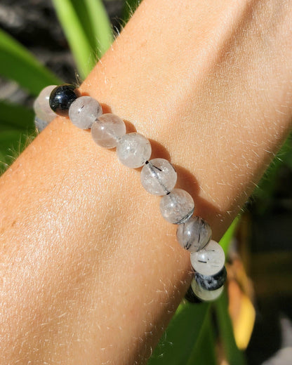 Black Tourmaline in Quartz Stretchy Bracelet aka Tourmalinated Quartz
