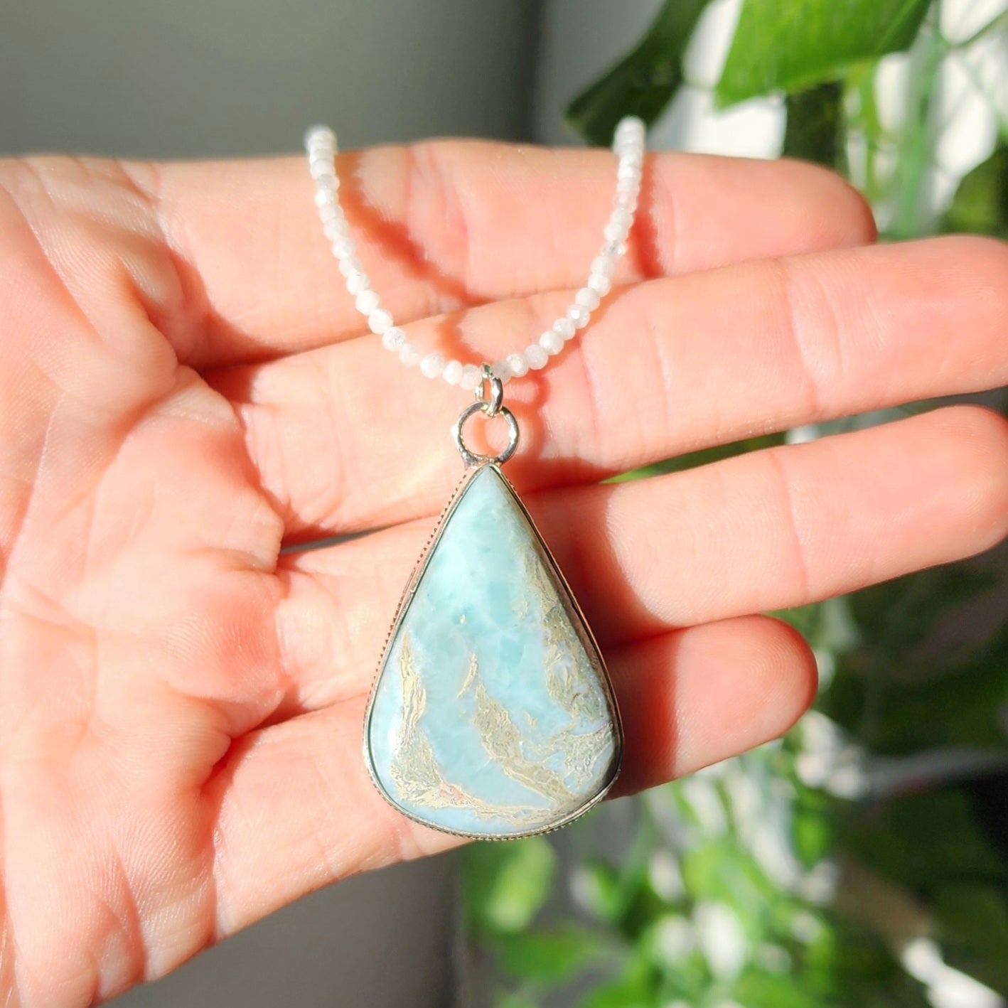 Larimar Pendant on Rainbow Moonstone 2mm beaded necklace.