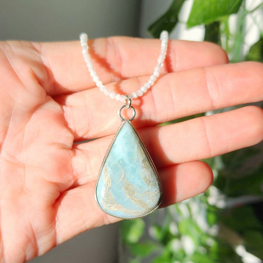 Larimar Pendant on Rainbow Moonstone 2mm beaded necklace.