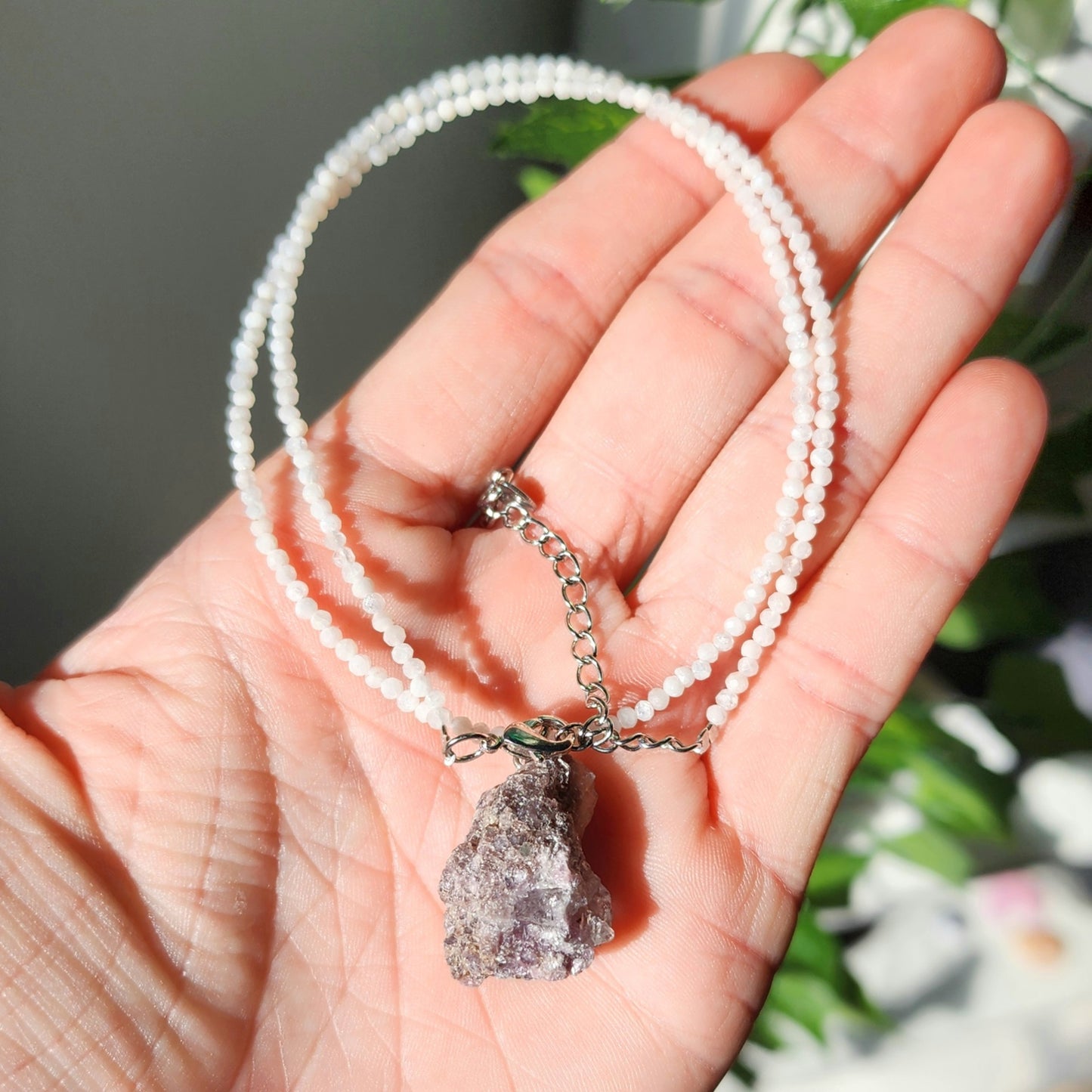 Gemmy Lepidolite Pendant on Rainbow Moonstone 2mm beaded necklace