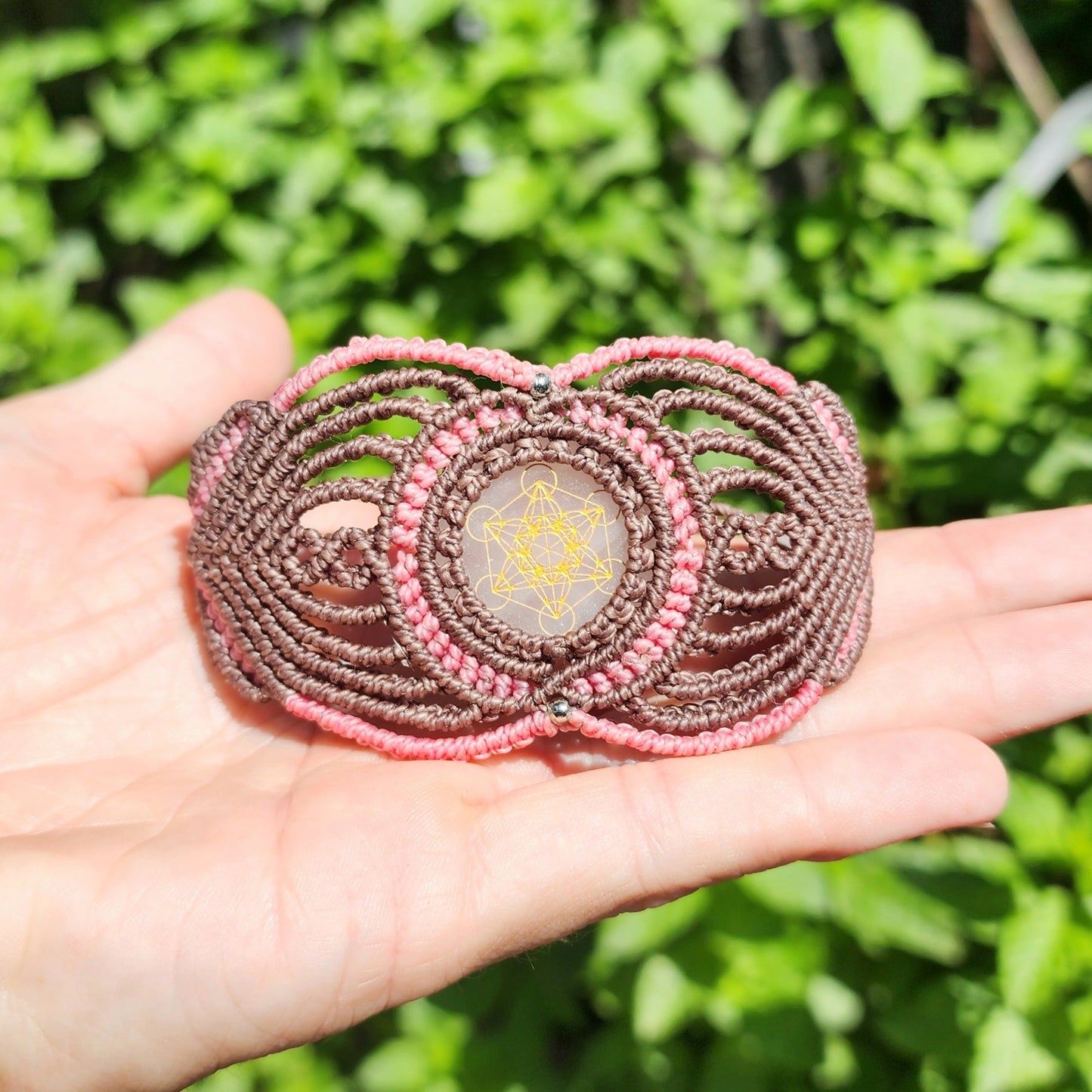 Rose Quartz Metatron's Cube Macrame Cuff Bracelet