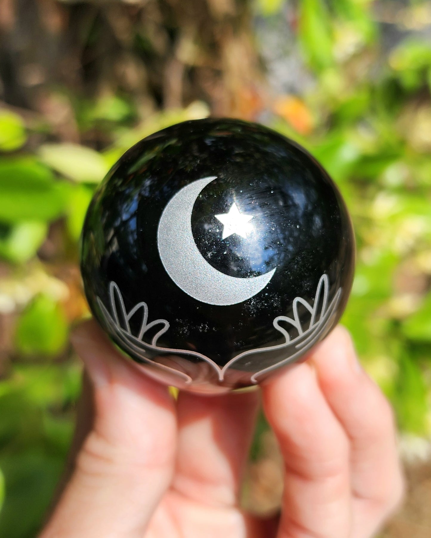 Black Obsidian Sphere with Decorative Etching