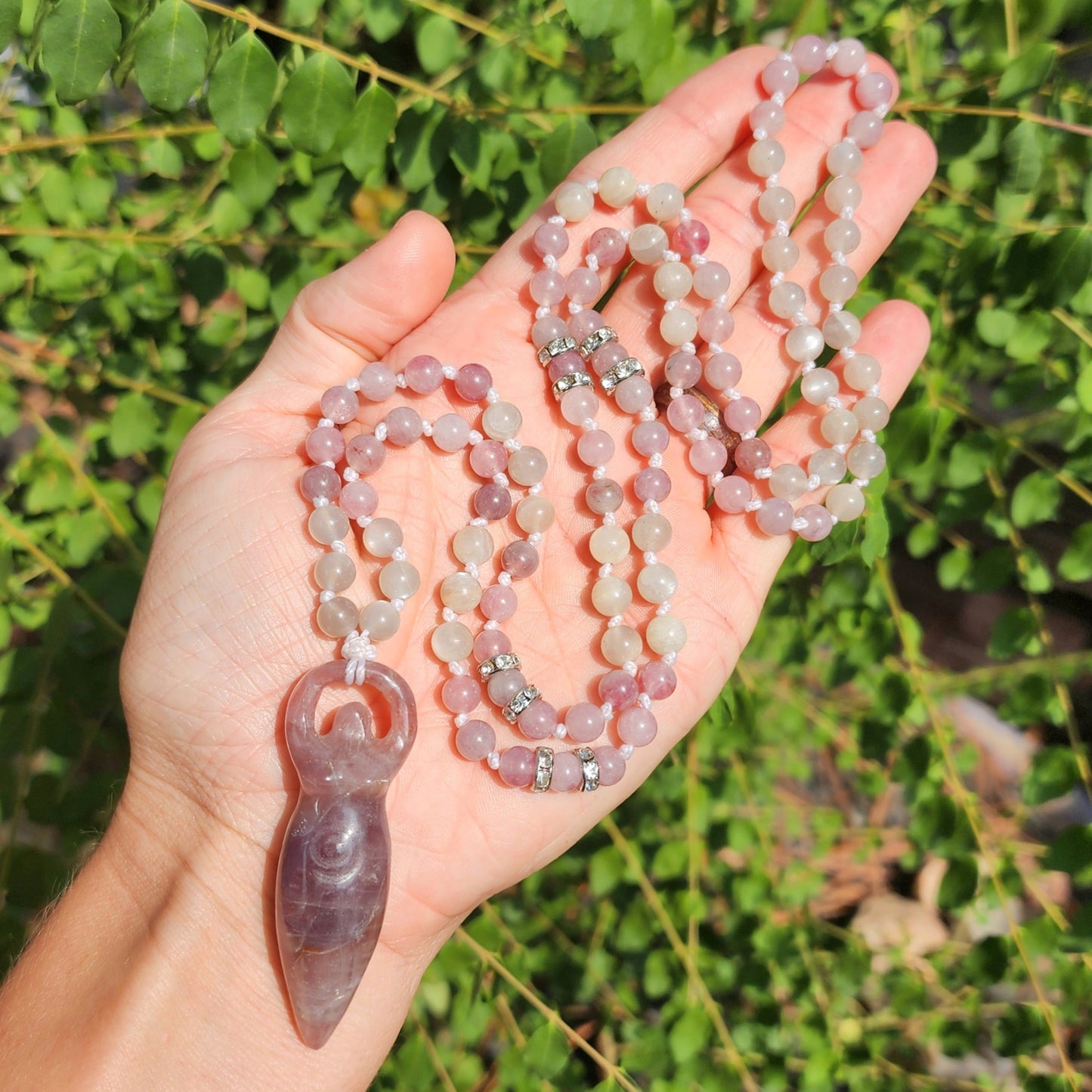 Lavender Rose Quartz Goddess Mala Necklace