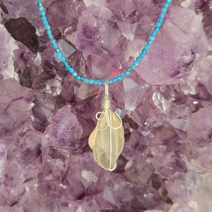 Libyan Desert Glass Pendant on Blue Apatite 2mm beaded necklace